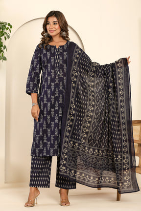 Abstract printed cotton navy blue kurta set