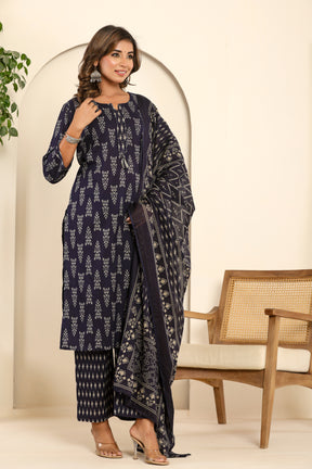 Abstract printed cotton navy blue kurta set