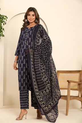 Abstract printed cotton navy blue kurta set