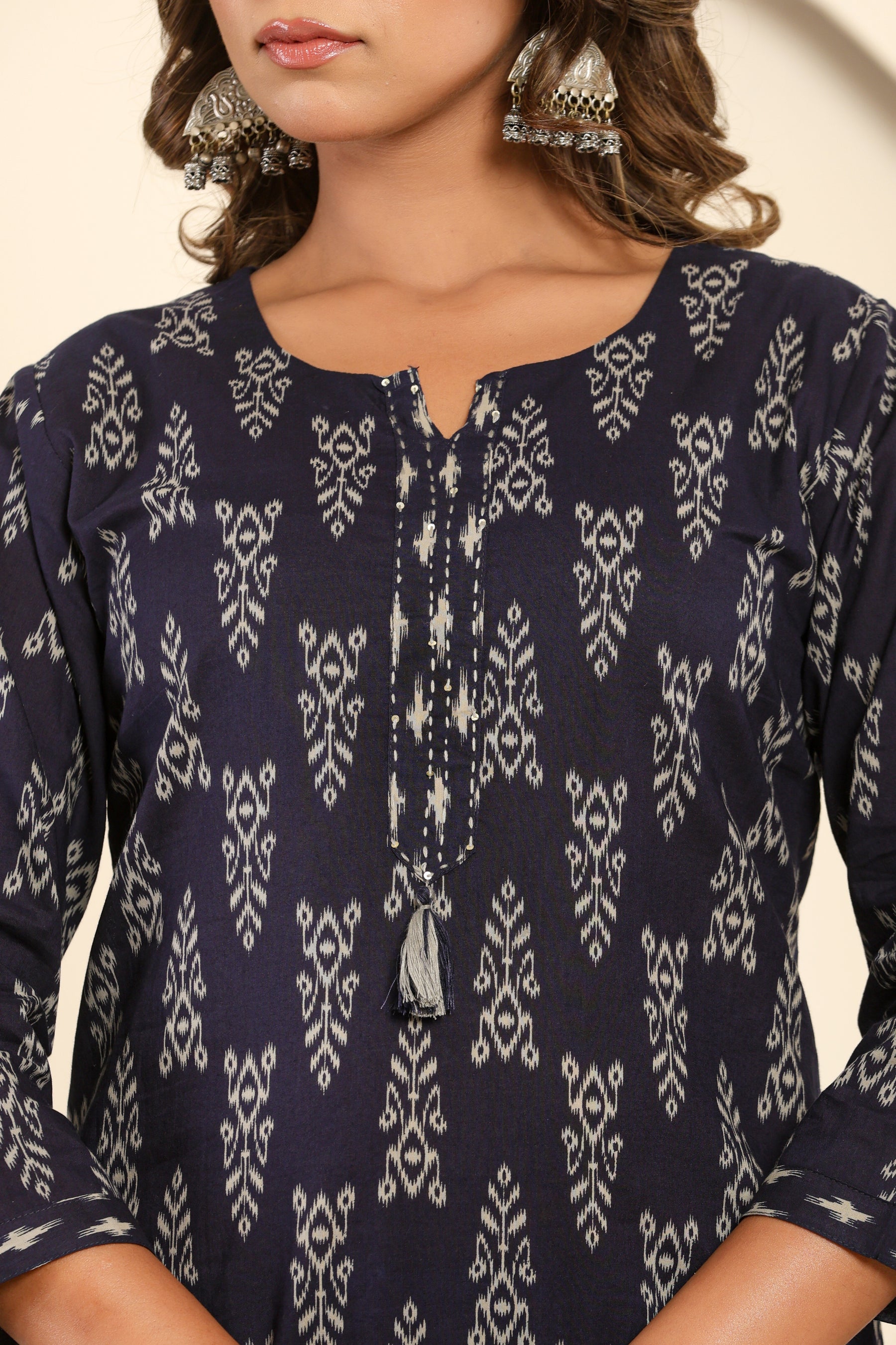 Abstract printed cotton navy blue kurta set