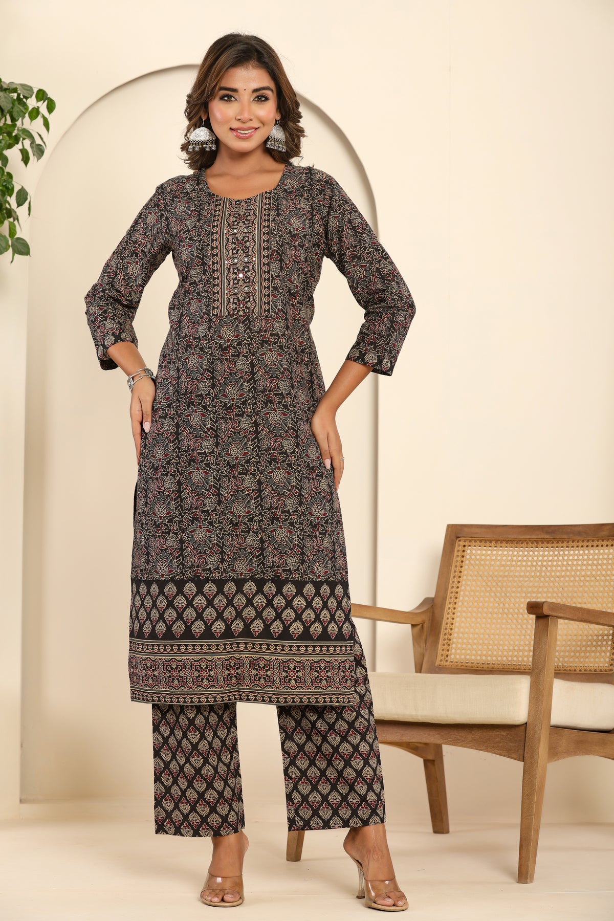 Ajrakh printed black cotton kurta set