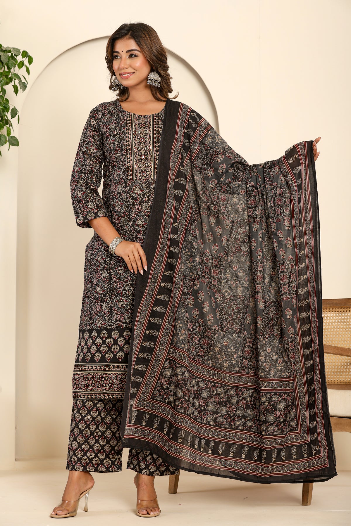 Ajrakh printed black cotton kurta set