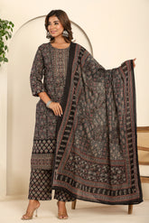 Ajrakh printed black cotton kurta set