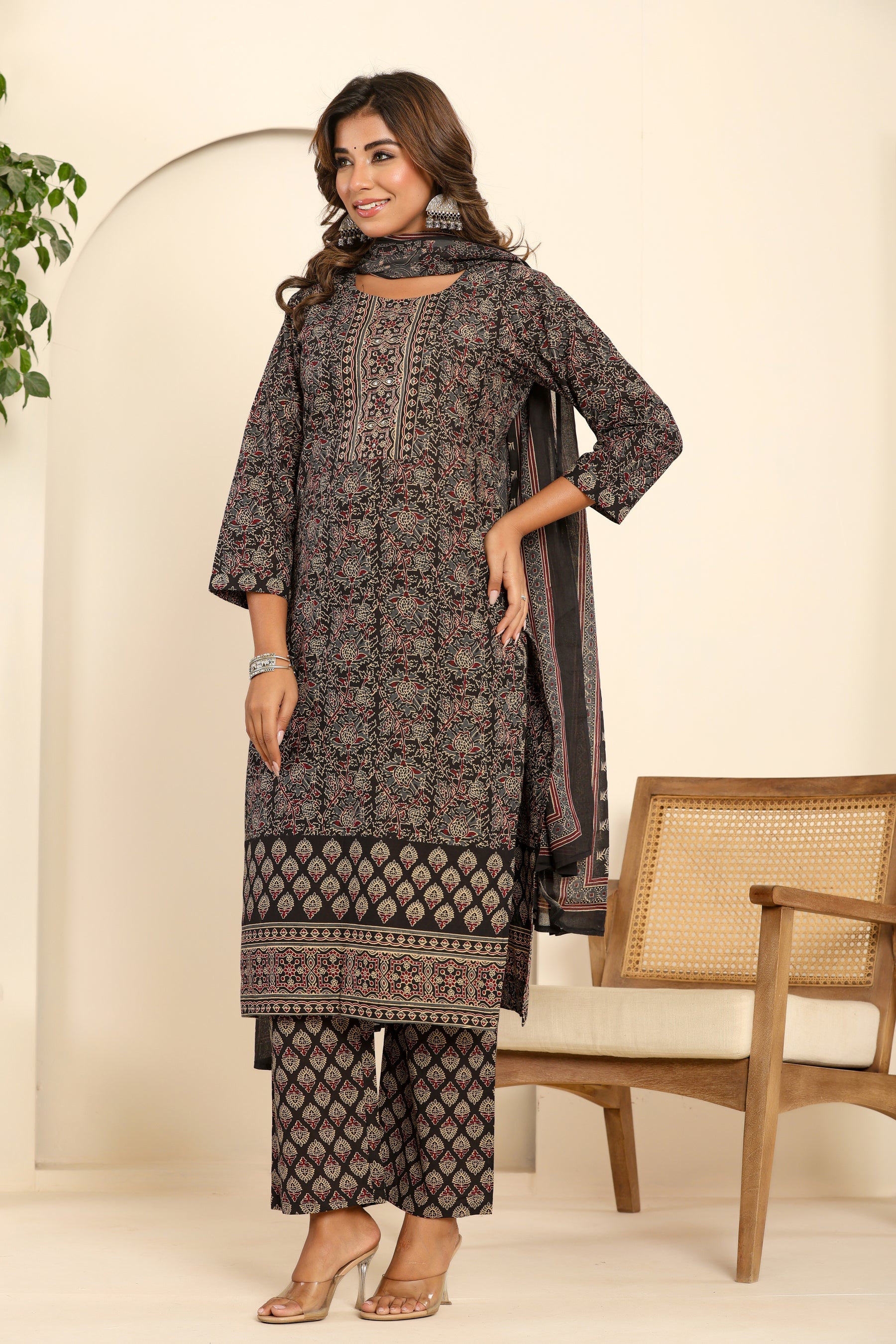 Ajrakh printed black cotton kurta set