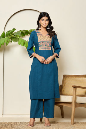 Square yoke design cotton navy blue kurta set