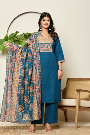 Square yoke design cotton navy blue kurta set