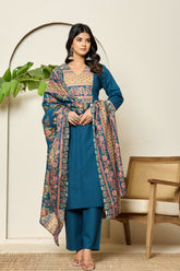 Square yoke design cotton navy blue kurta set