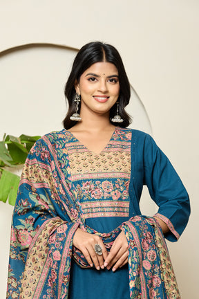 Square yoke design cotton navy blue kurta set