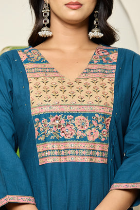 Square yoke design cotton navy blue kurta set