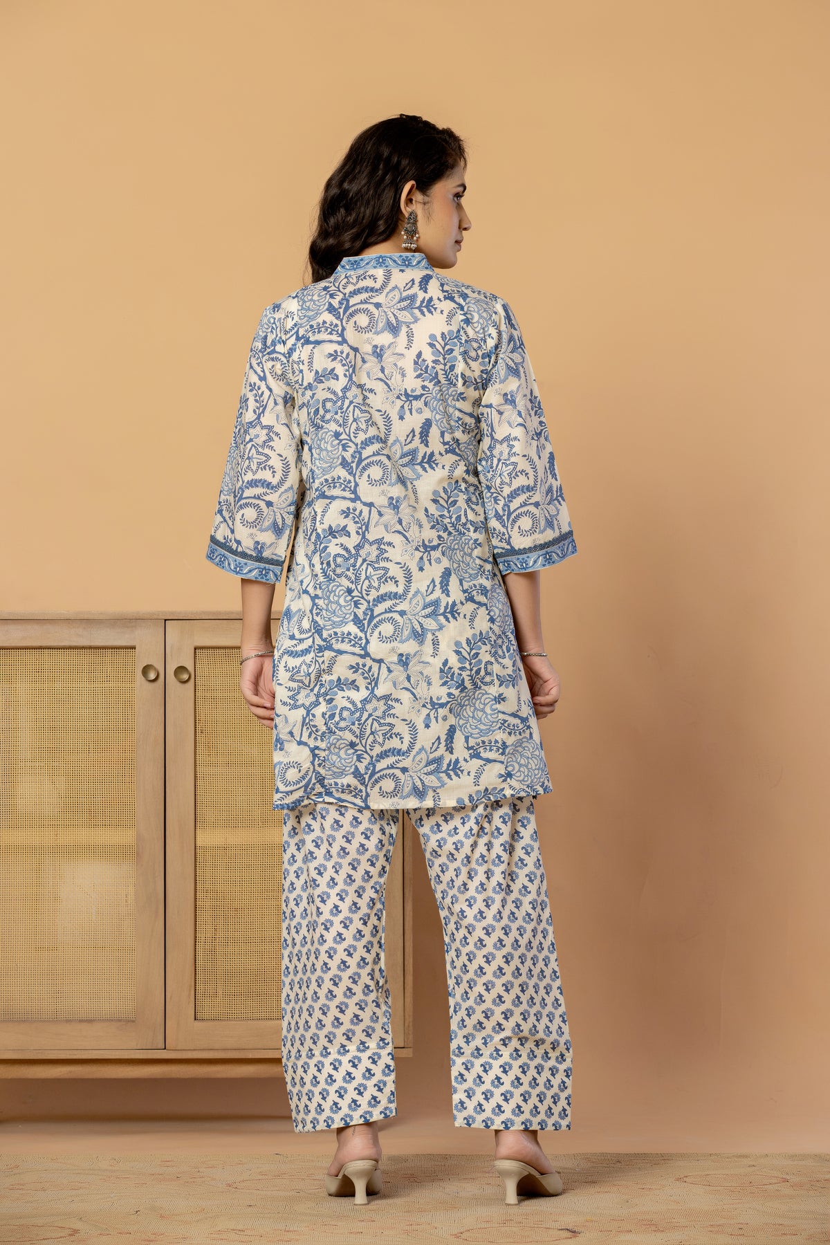 Blue Sanganeri Print Farshi Shalwar suit with Dupatta
