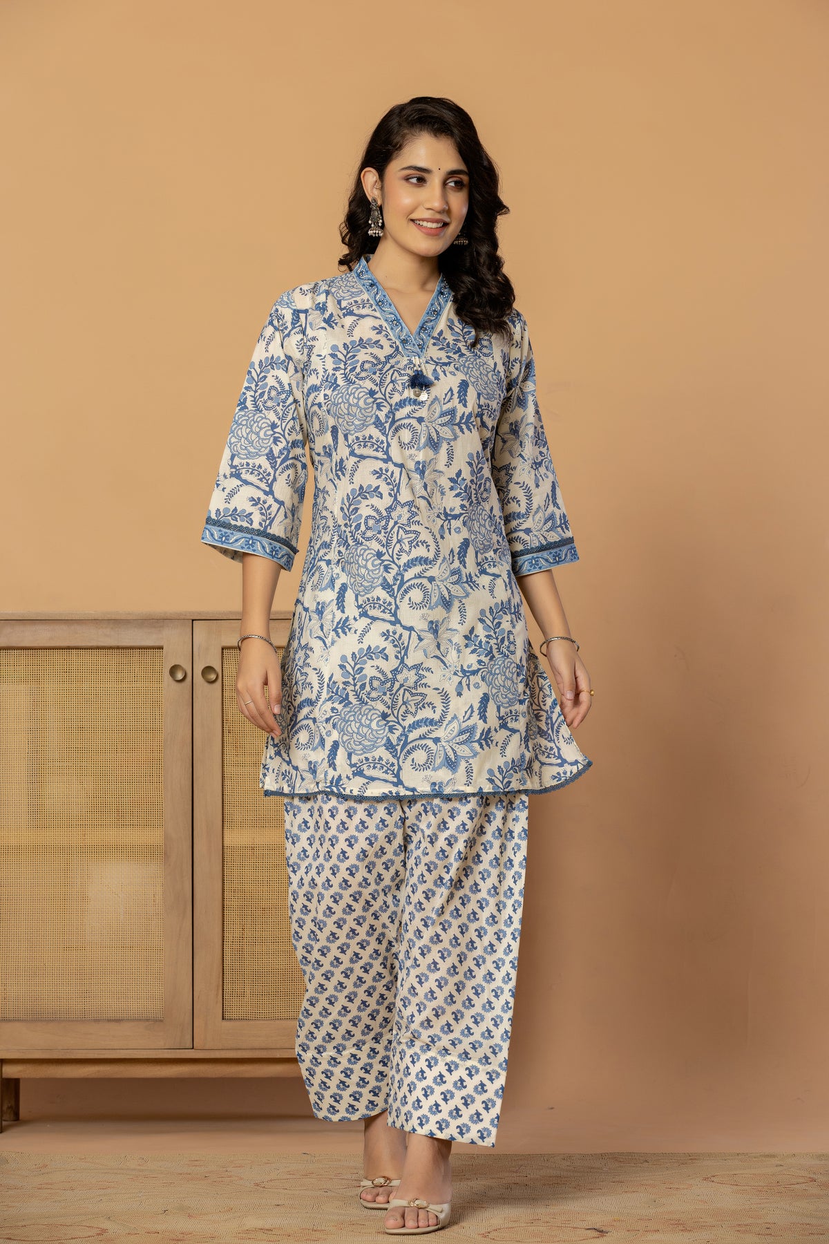 Blue Sanganeri Print Farshi Shalwar suit with Dupatta