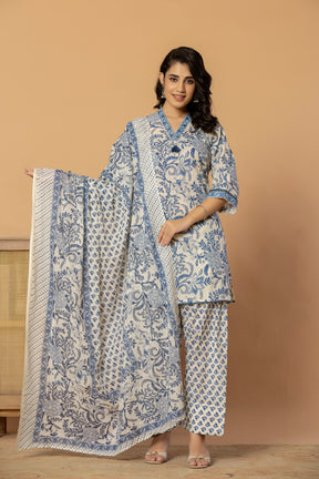 Blue Sanganeri Print Farshi Shalwar suit with Dupatta