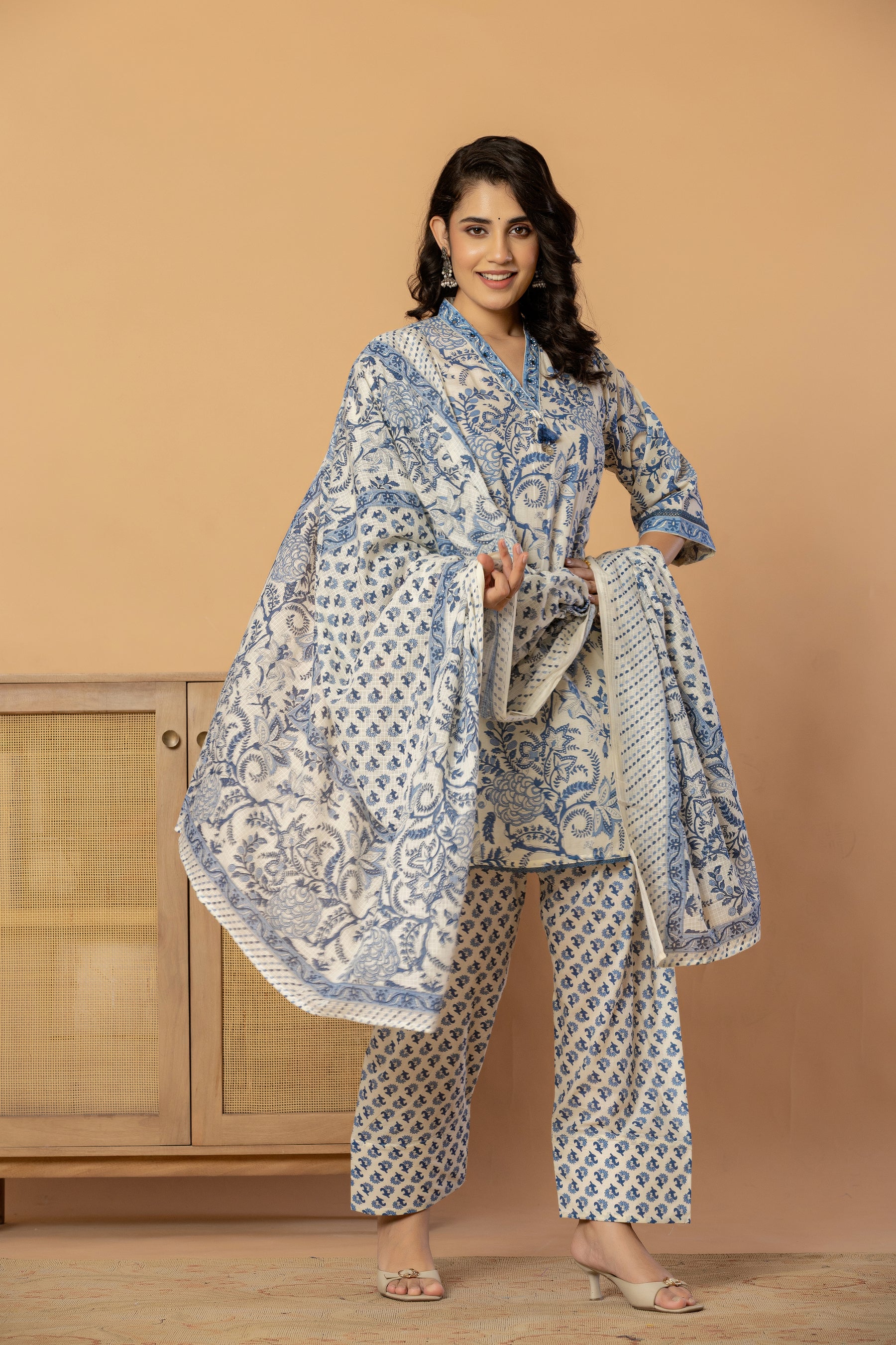 Blue Sanganeri Print Farshi Shalwar suit with Dupatta