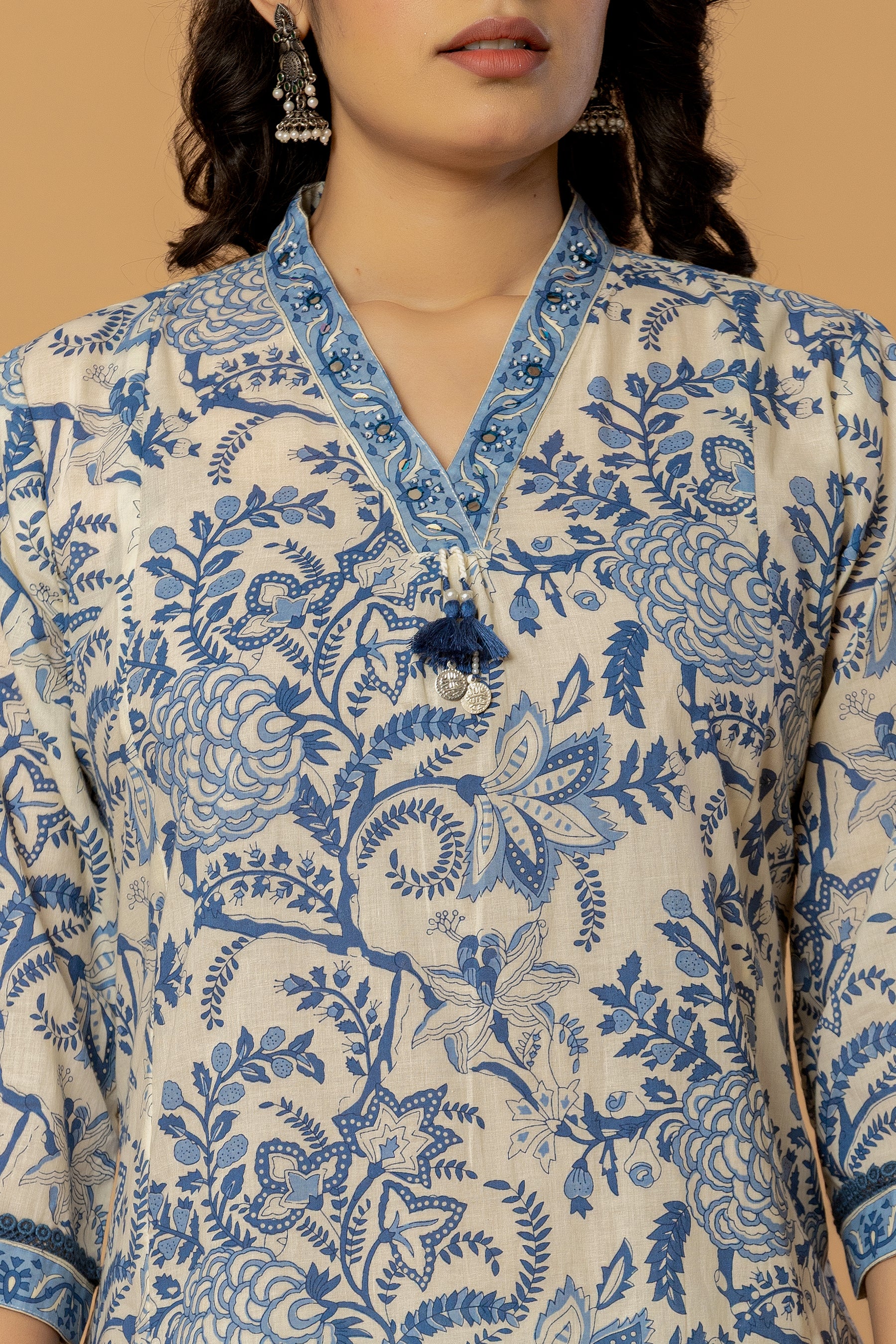 Blue Sanganeri Print Farshi Shalwar suit with Dupatta