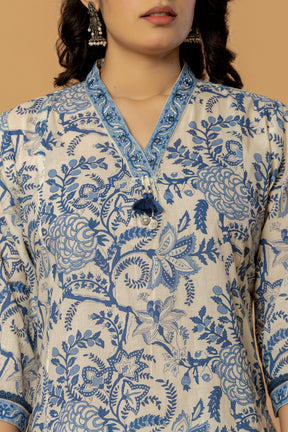 Blue Sanganeri Print Farshi Shalwar suit with Dupatta