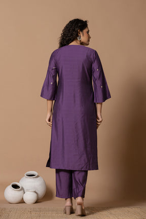 Muslin pleated solid purple kurta set with tissue dupatta