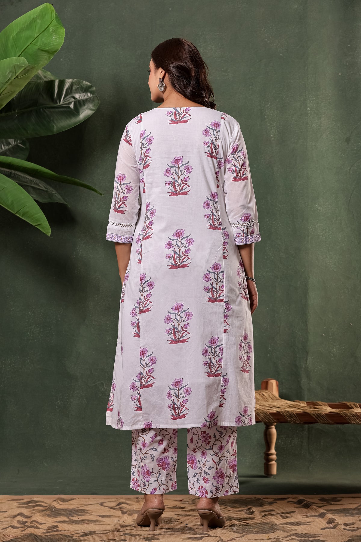 White & Purple Sanganeri Floral Hand Block Print Cotton Suit Set