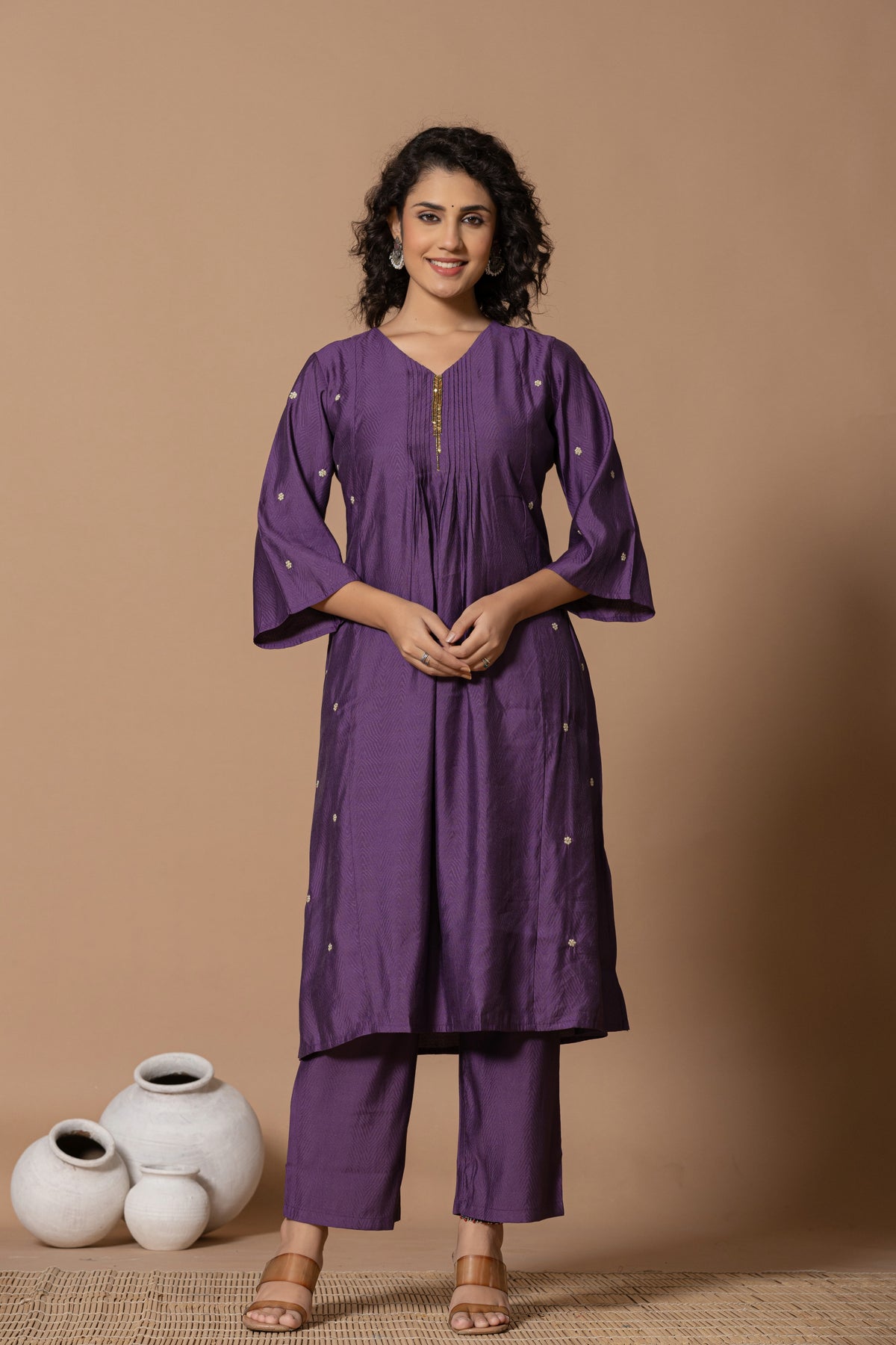 Muslin pleated solid purple kurta set with tissue dupatta