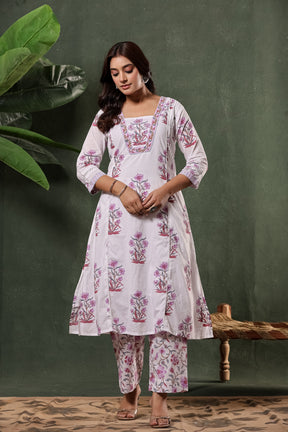 White & Purple Sanganeri Floral Hand Block Print Cotton Suit Set