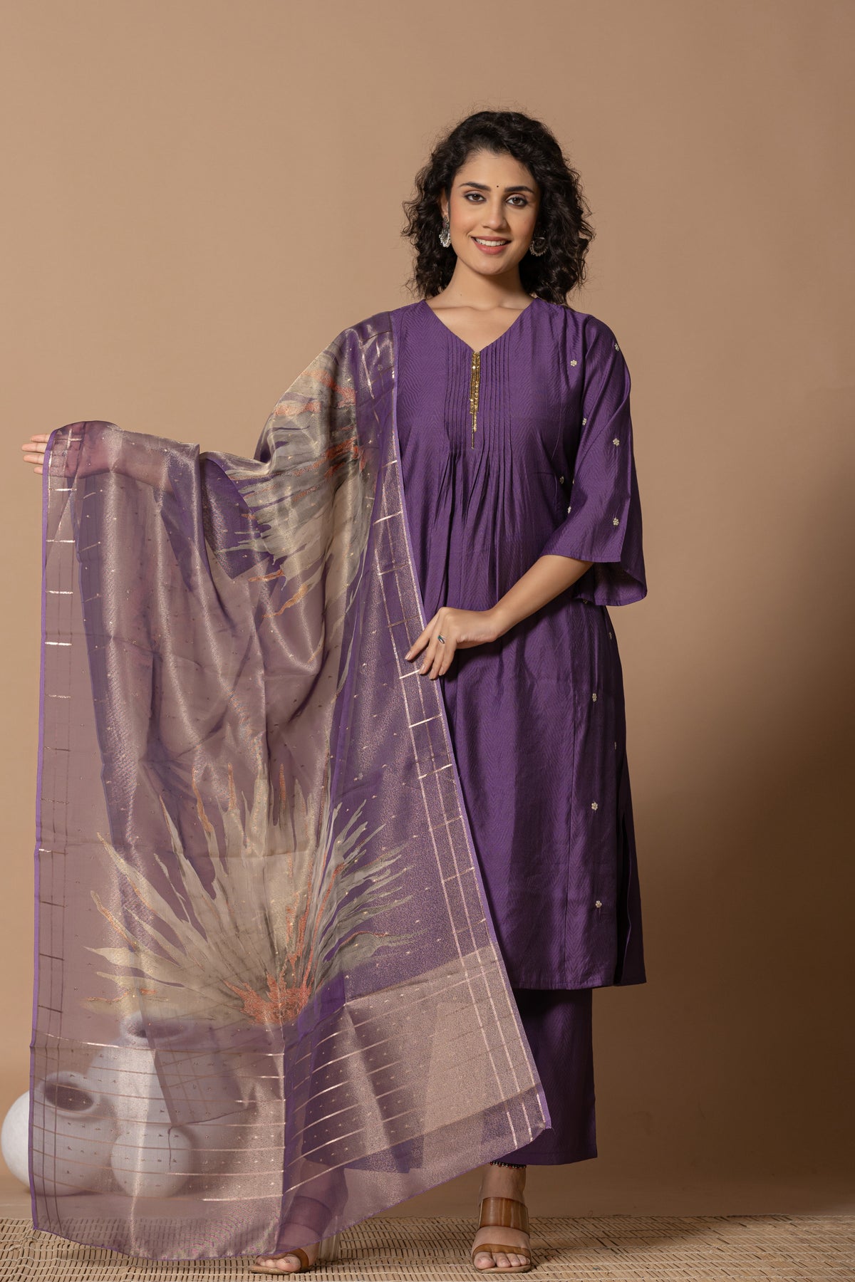 Muslin pleated solid purple kurta set with tissue dupatta