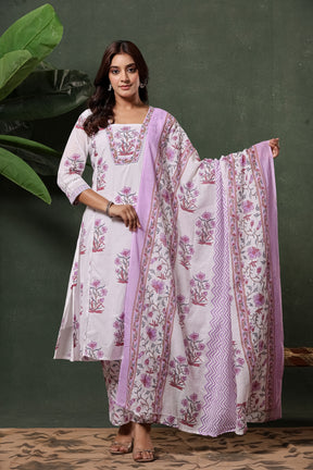 White & Purple Sanganeri Floral Hand Block Print Cotton Suit Set