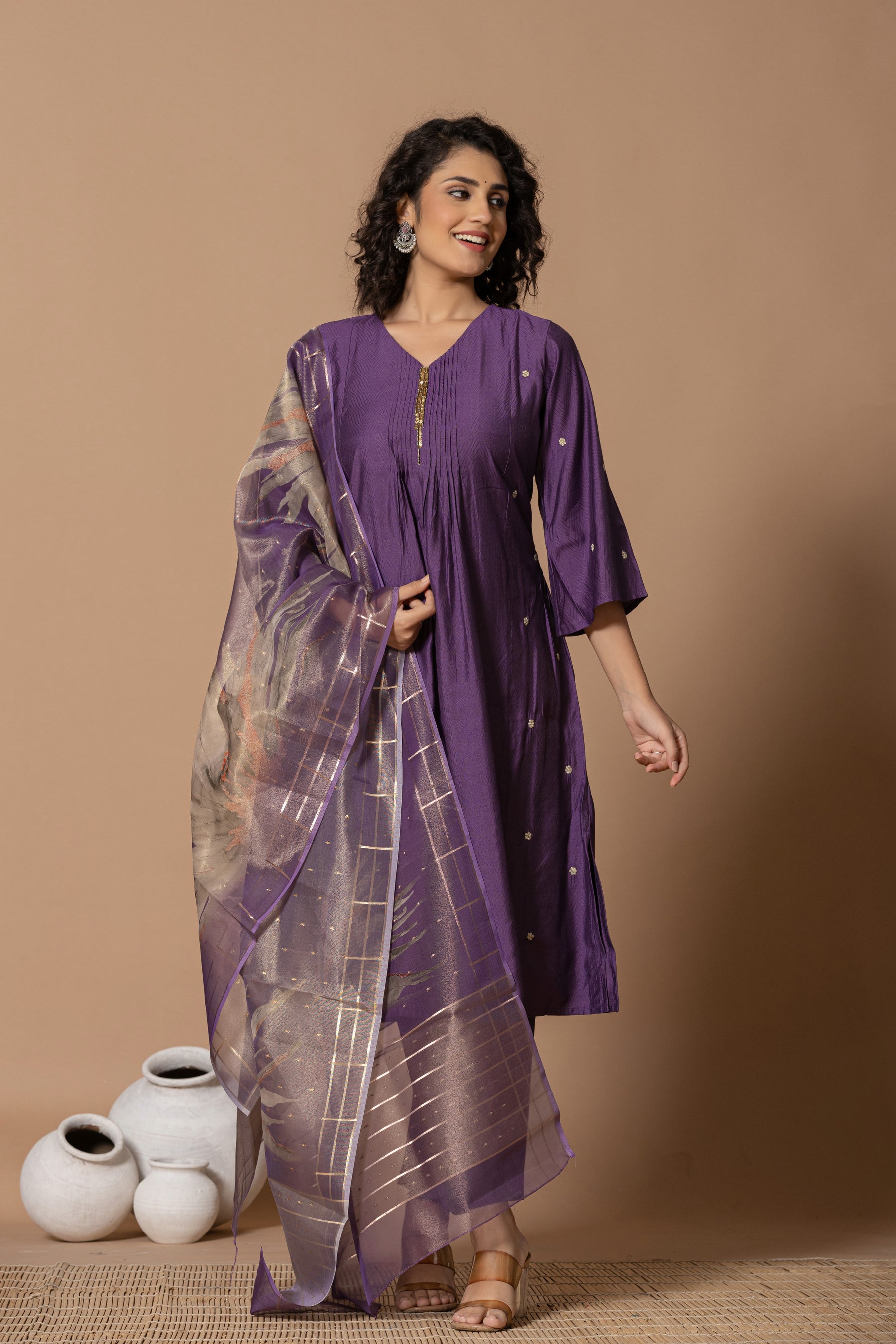 Muslin pleated solid purple kurta set with tissue dupatta