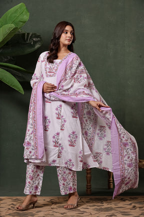 White & Purple Sanganeri Floral Hand Block Print Cotton Suit Set