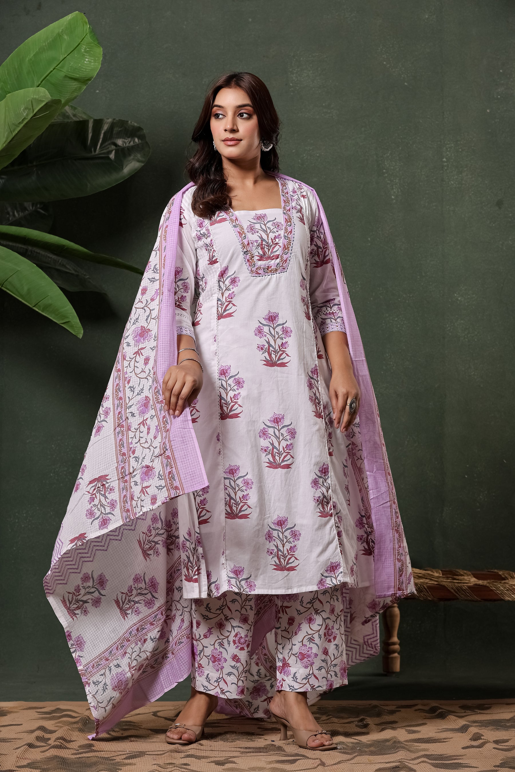 White & Purple Sanganeri Floral Hand Block Print Cotton Suit Set