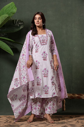 White & Purple Sanganeri Floral Hand Block Print Cotton Suit Set