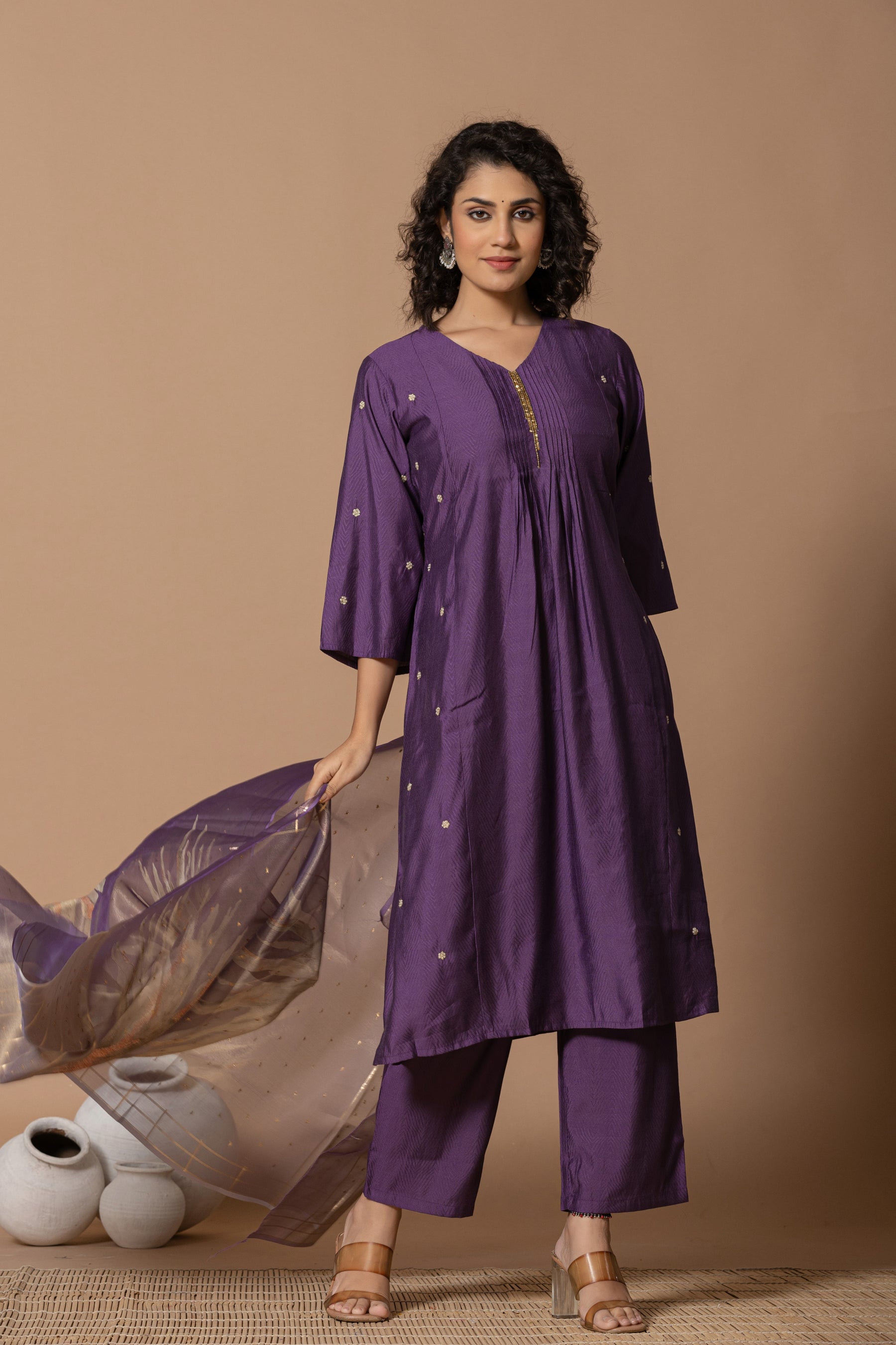 Muslin pleated solid purple kurta set with tissue dupatta