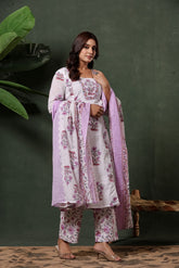 White & Purple Sanganeri Floral Hand Block Print Cotton Suit Set