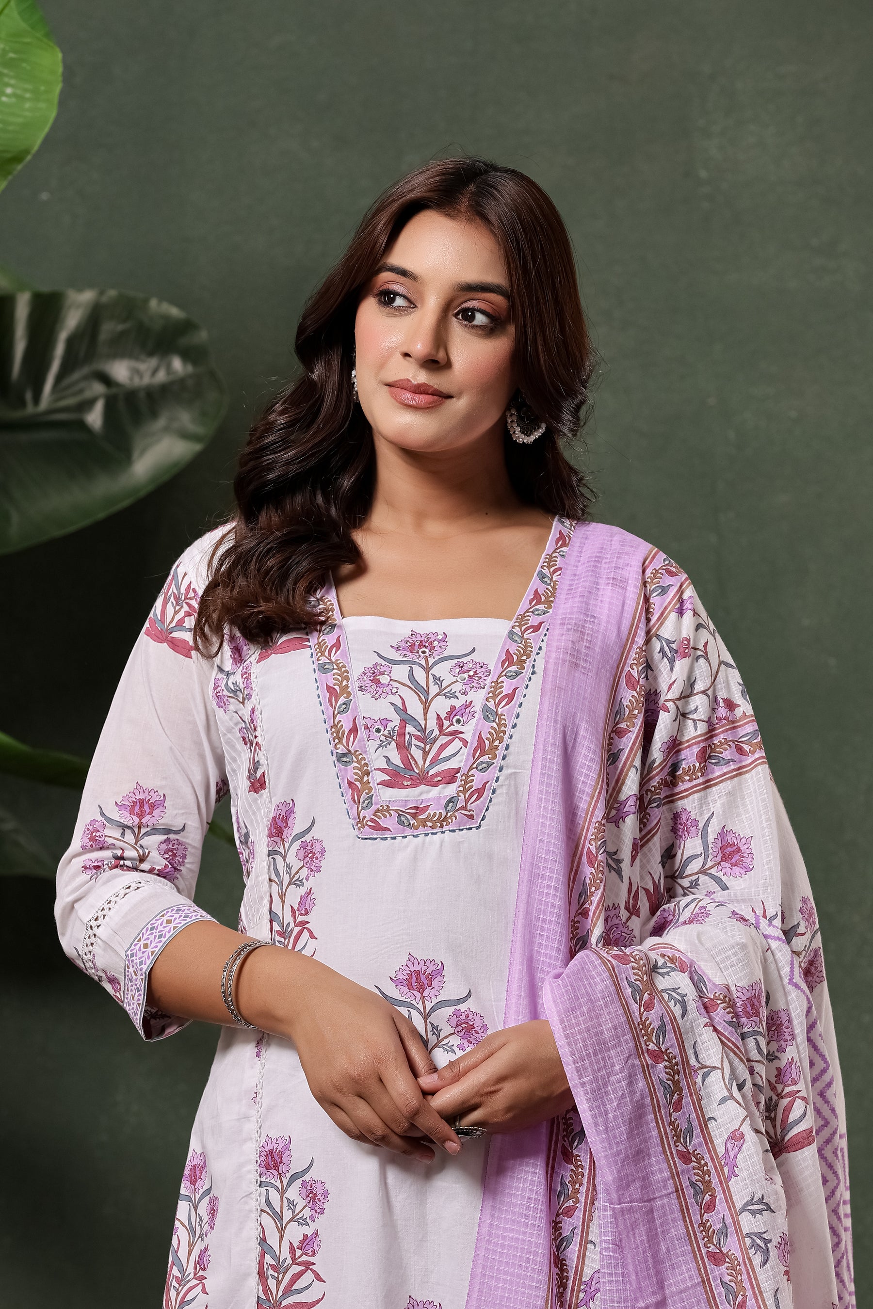 White & Purple Sanganeri Floral Hand Block Print Cotton Suit Set