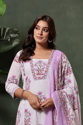 White & Purple Sanganeri Floral Hand Block Print Cotton Suit Set
