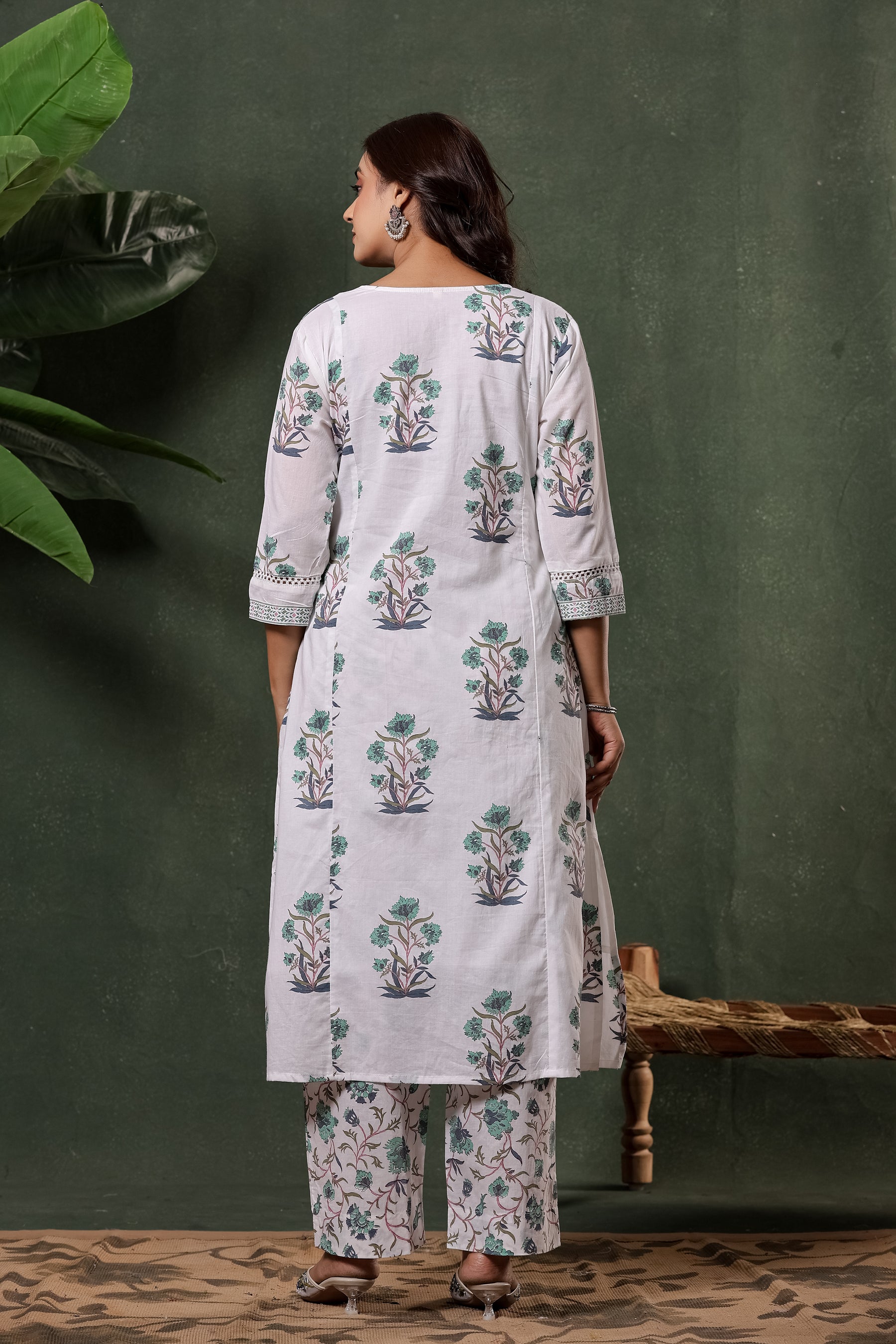 White & Green Sanganeri Floral Print Cotton Suit Set