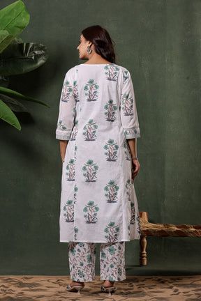 White & Green Sanganeri Floral Print Cotton Suit Set