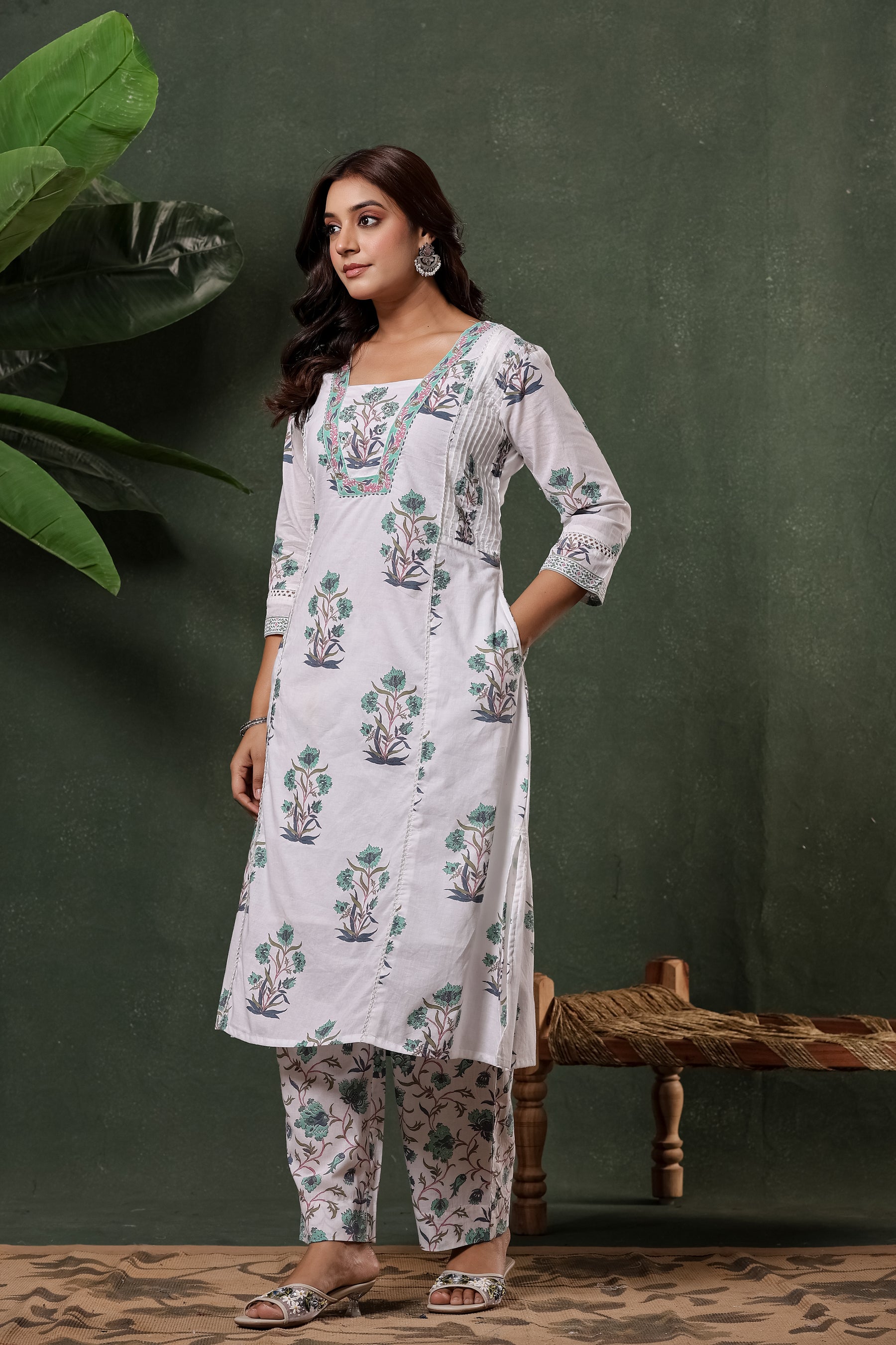 White & Green Sanganeri Floral Print Cotton Suit Set