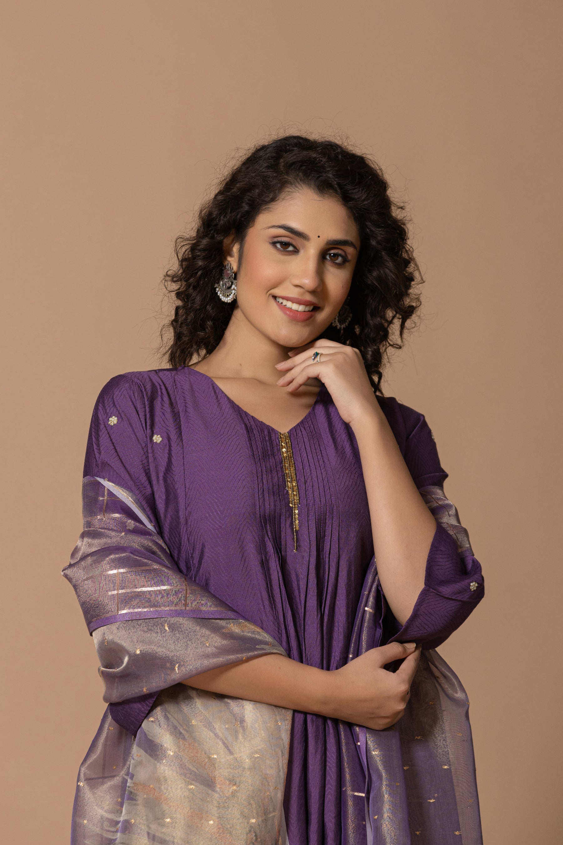 Muslin pleated solid purple kurta set with tissue dupatta