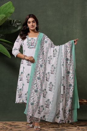 White & Green Sanganeri Floral Print Cotton Suit Set