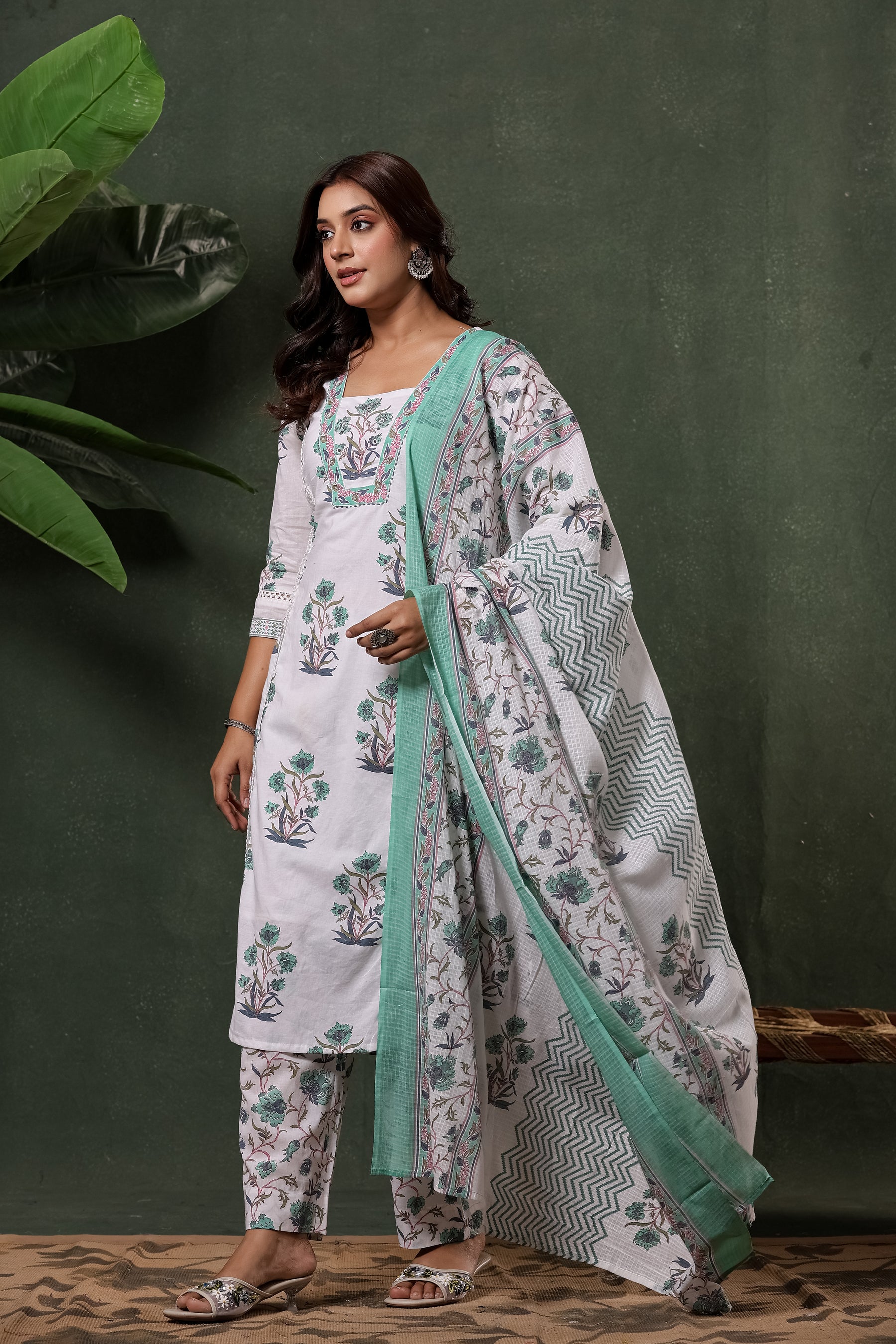 White & Green Sanganeri Floral Print Cotton Suit Set