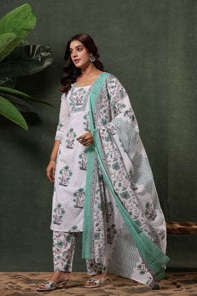 White & Green Sanganeri Floral Print Cotton Suit Set