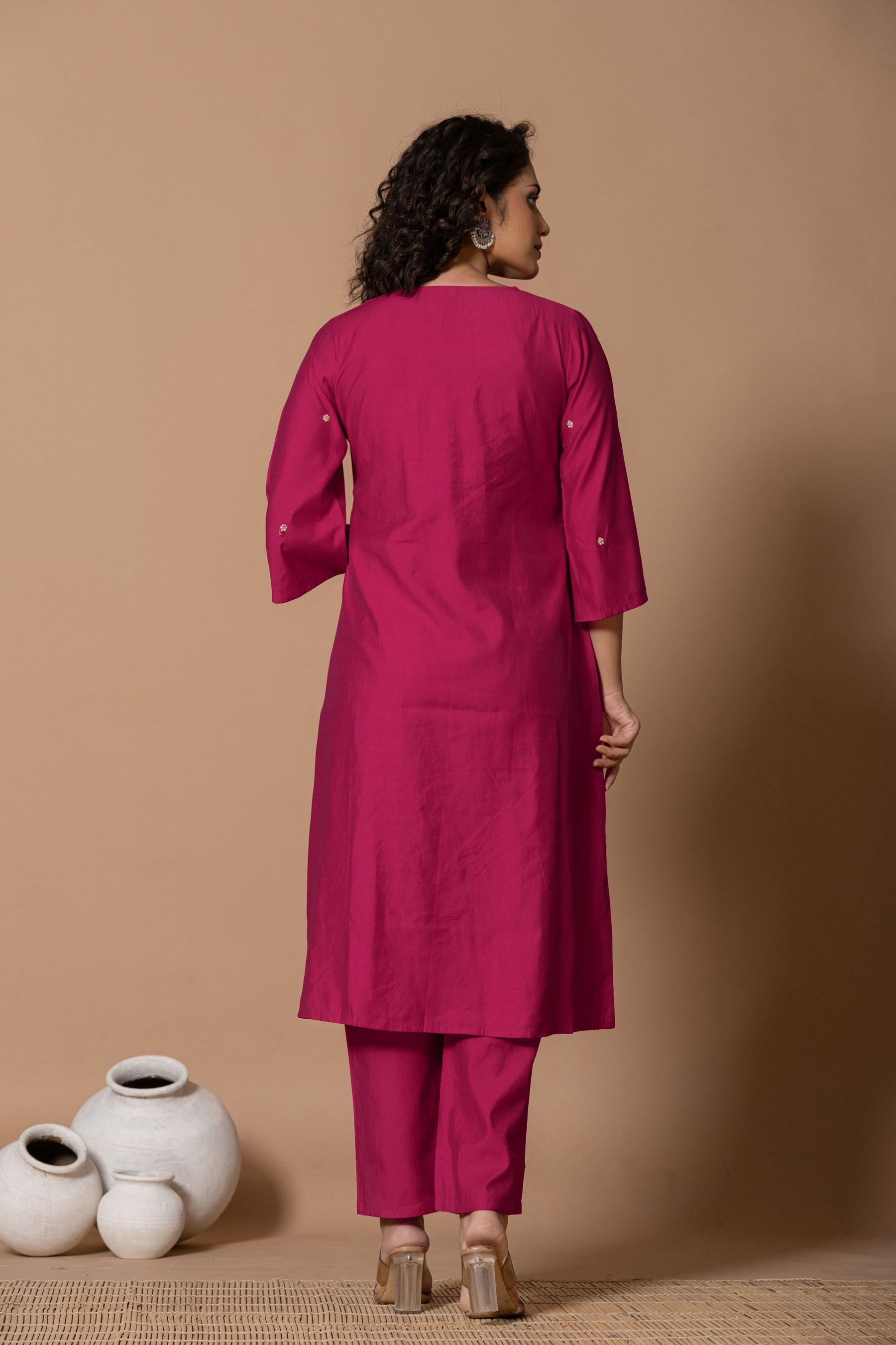 Muslin pleated solid pink kurta set with tissue dupatta