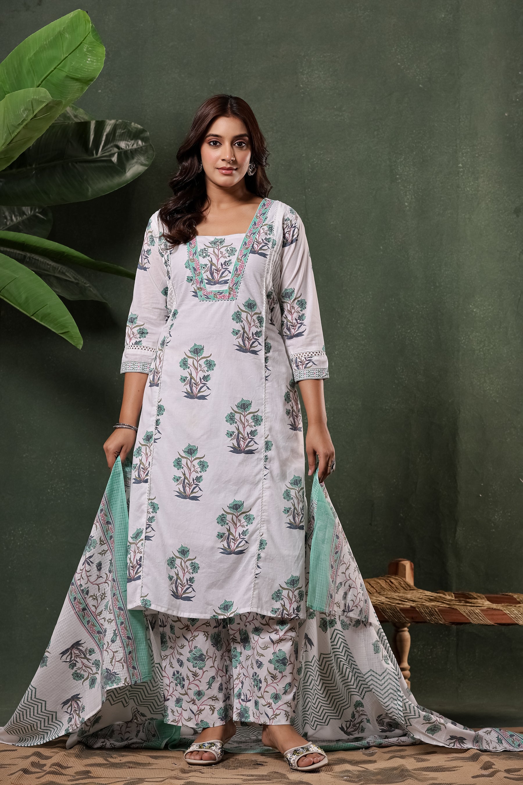 White & Green Sanganeri Floral Print Cotton Suit Set