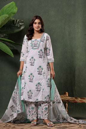 White & Green Sanganeri Floral Print Cotton Suit Set