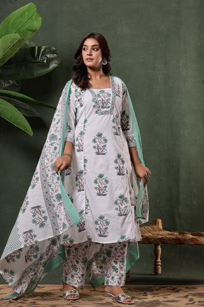 White & Green Sanganeri Floral Print Cotton Suit Set