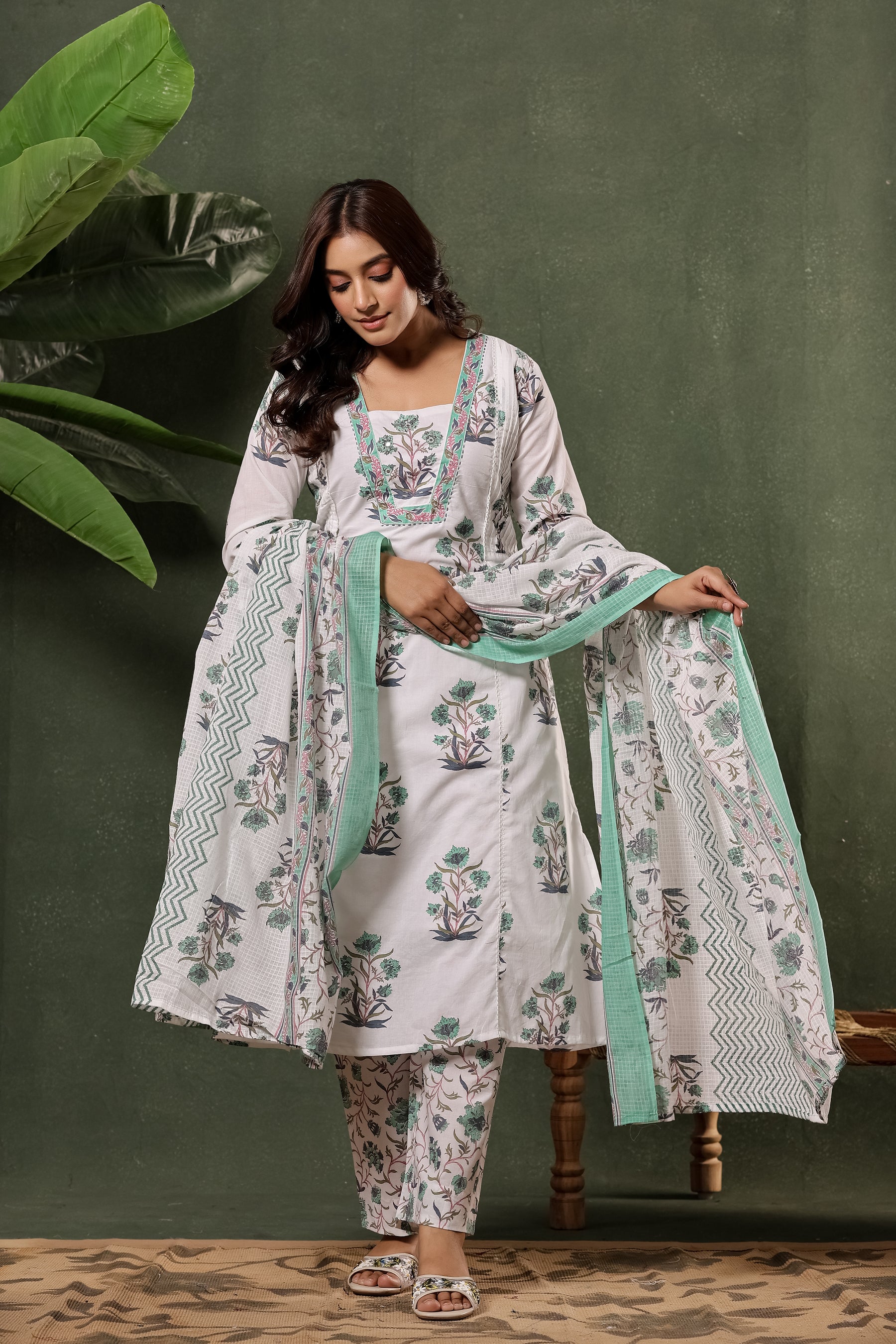 White & Green Sanganeri Floral Print Cotton Suit Set