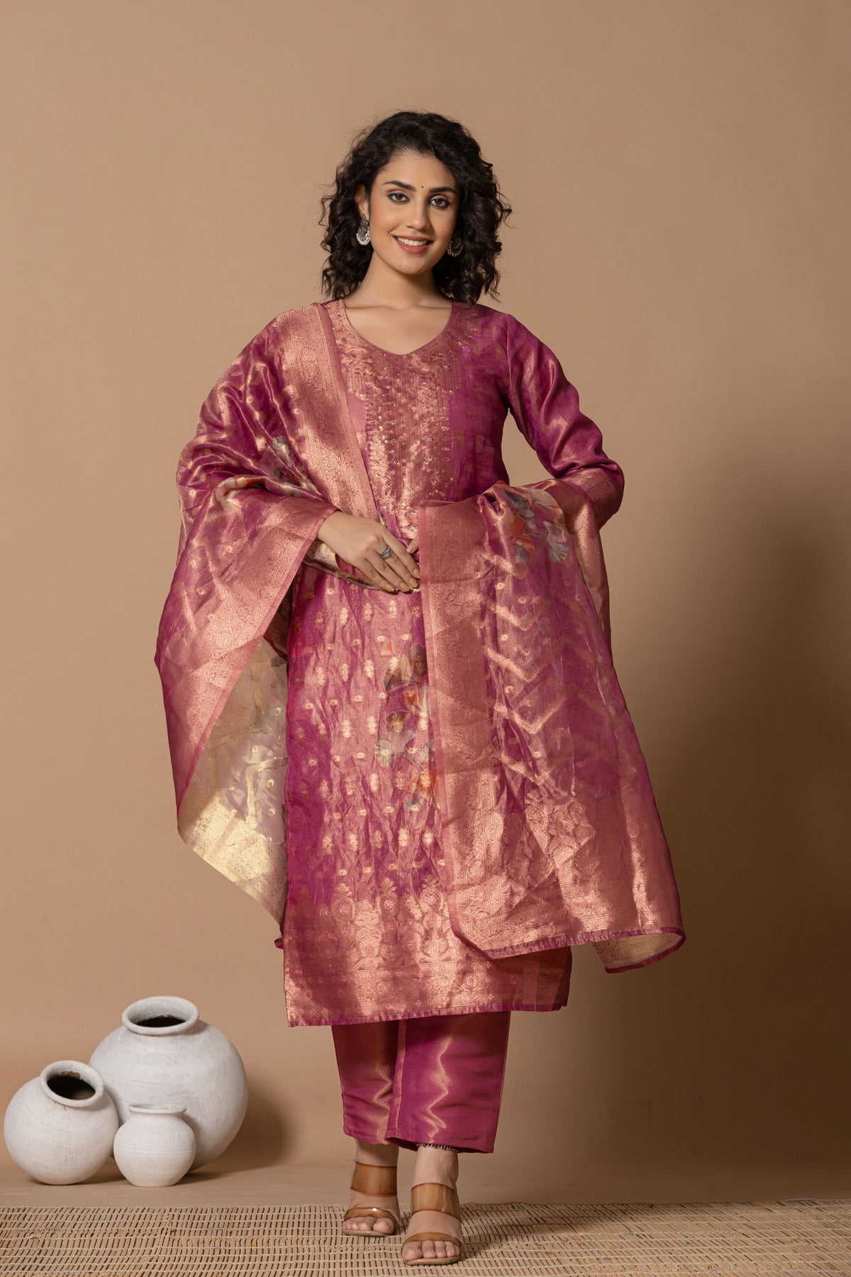 Jaquard floral printed purple kurta set