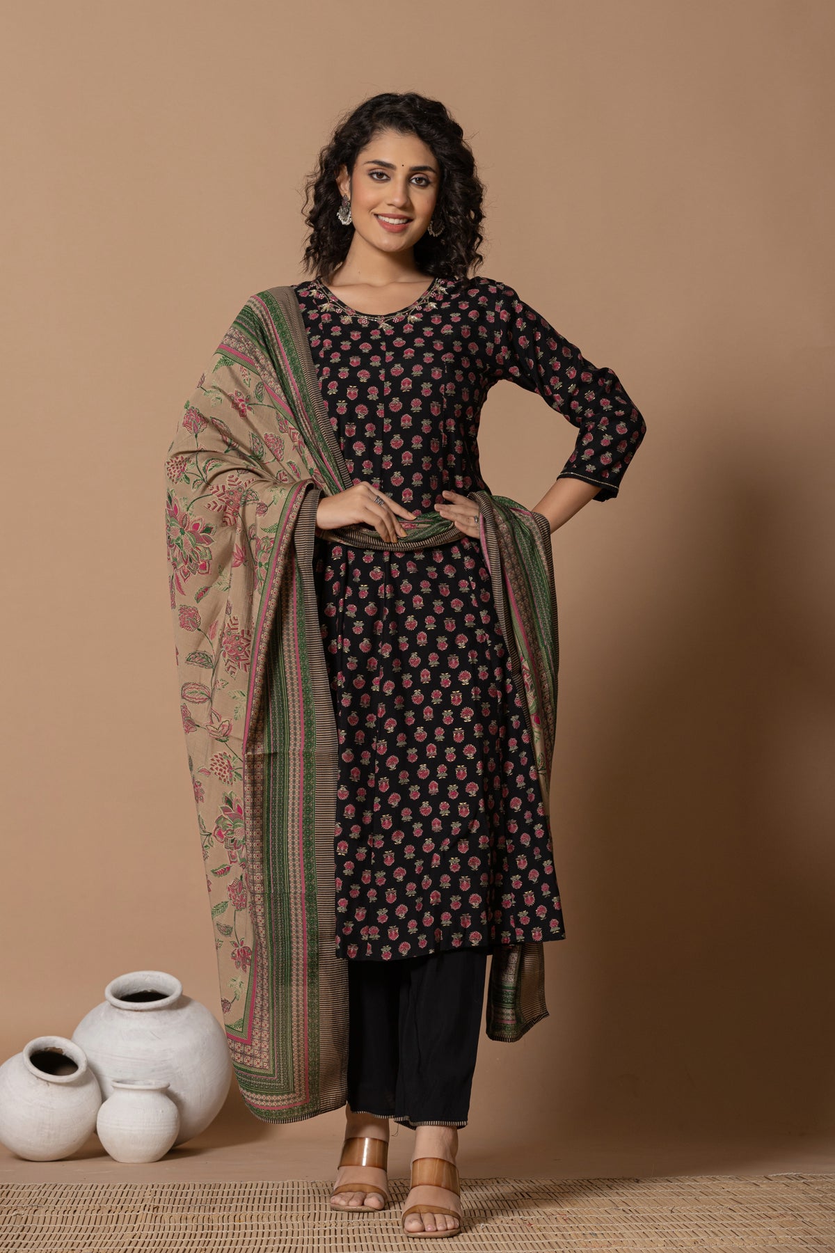 Black floral anarkali kurta with printed dupatta