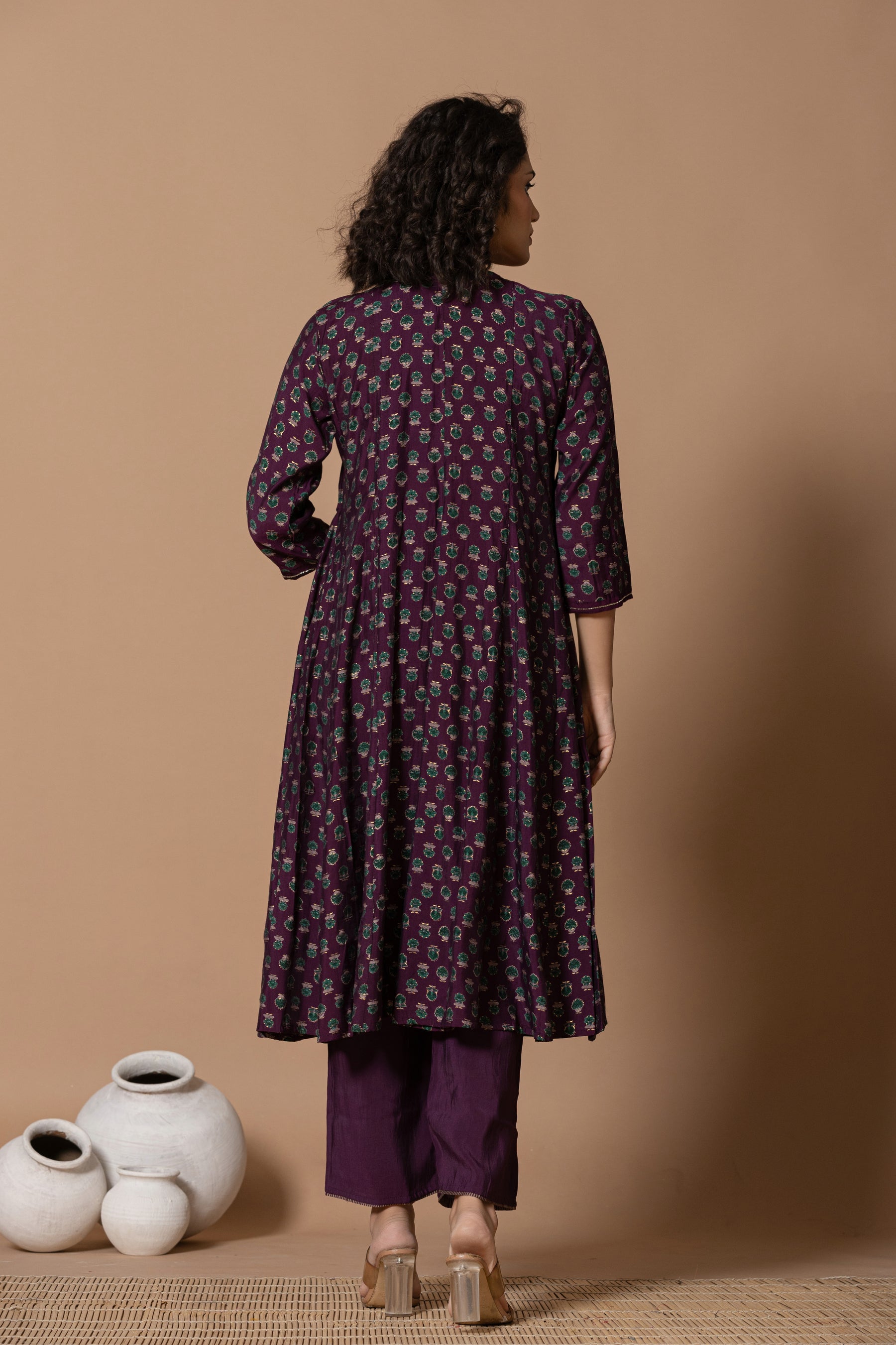 Purple floral anarkali kurta with printed dupatta