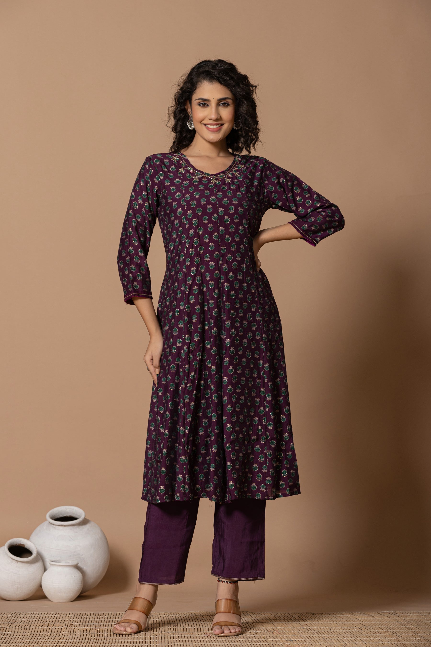 Purple floral anarkali kurta with printed dupatta