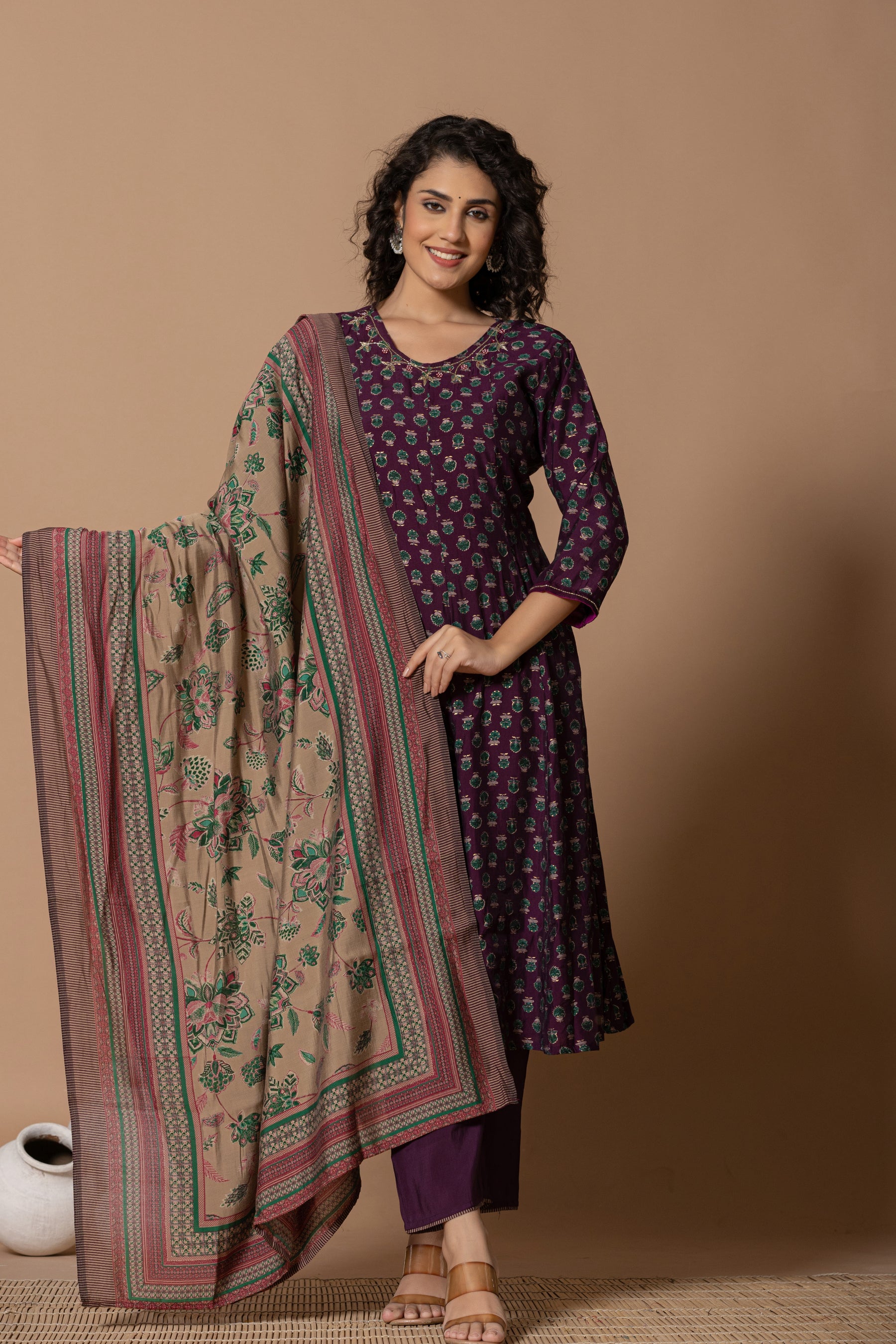 Purple floral anarkali kurta with printed dupatta